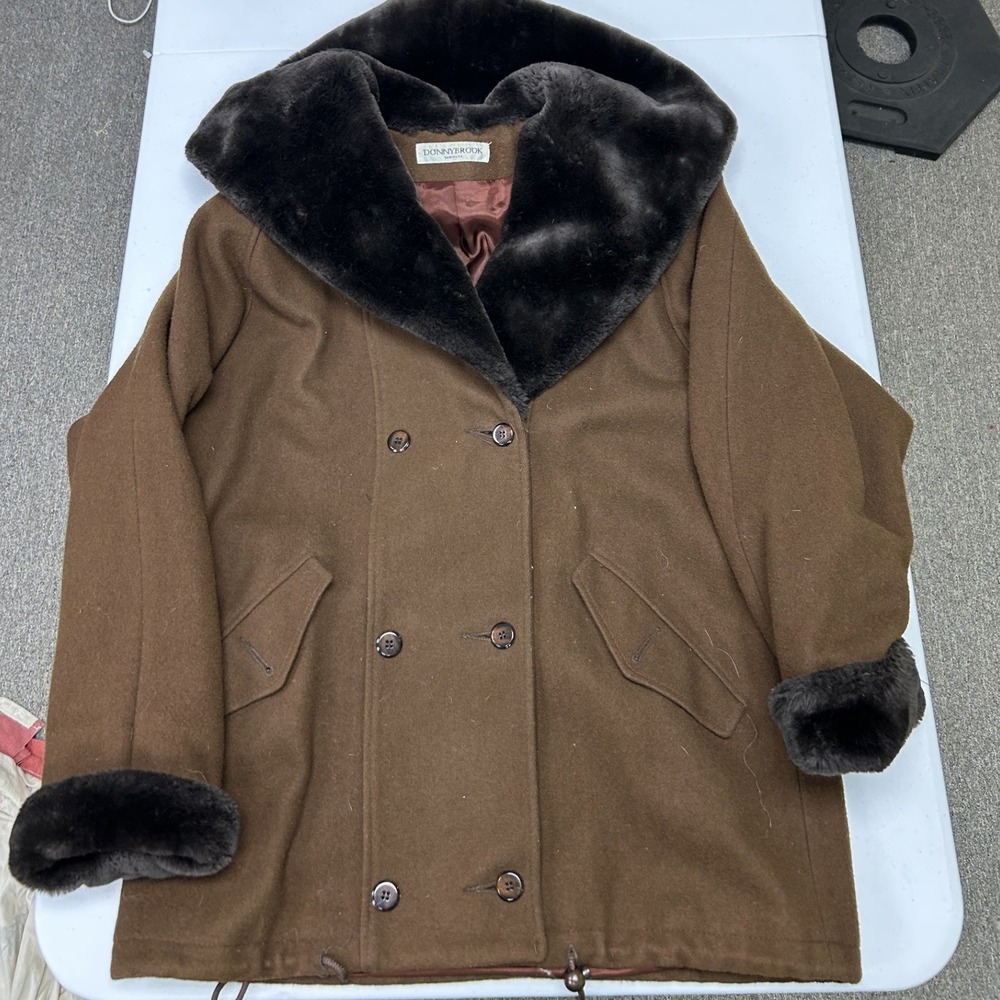 Donnybrook Pea Coat Womens 10 Brown Wool Faux Fur Trim Double Breasted USA